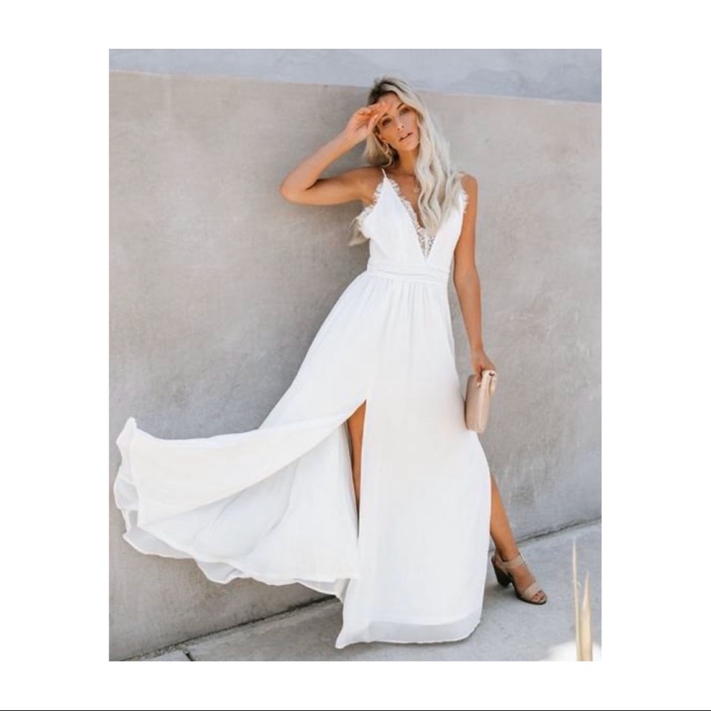 Vici White Maxi dress “Gala Lace Slit” size small